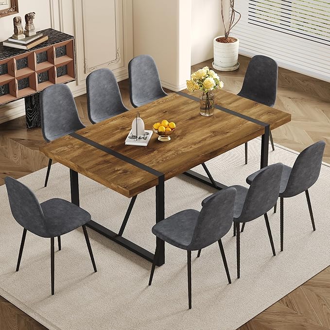 Rustic 9 Piece Dining Room Table Set for 8 People, Mid Century Modern 71 Inch Rectangle Wood Kitchen Dining Table with 8 Fabric Chairs Set, Suitable for Kitchen Dining Room Apartment
