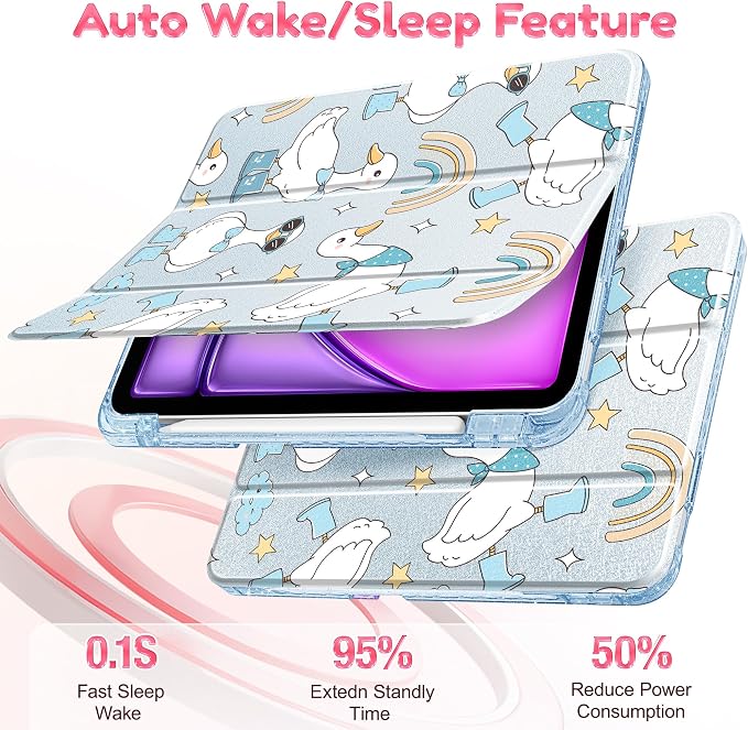for iPad Air 11 inch M4/M3/M2 (2026/2025/2024) iPad Air 5th/4th Gen (2022/2020) 10.9 inch with Pencil Holder Glitter Clear Pretevtive Cover Auto Wake/Sleep Black Cartoon Stickers