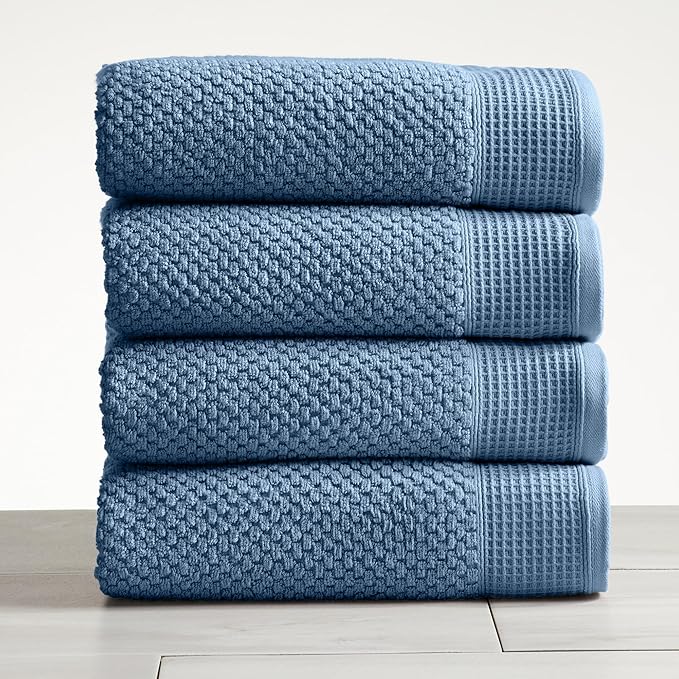 Market & Place 100% Cotton Waffle Textured Bath Towels Set of 4 | Super Soft Quick Dry Bath Towels | Decorative Towels for Bathroom | Belle Collection (Ocean)