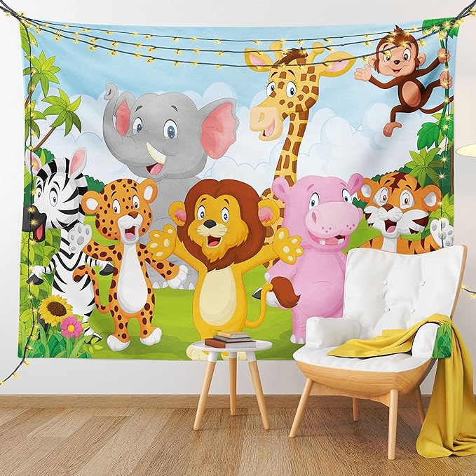 Ambesonne Cartoon Tapestry, Comic Savannah Animals Playful Friendly Savannah Jungle Happy Wildlife Nature, Fabric Wall Hanging Decor for Bedroom Living Room Dorm, 28" X 23", Green Brown