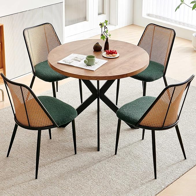 NORDICANA Dining Table Set for 4, Wooden Round Table and Wicker Chairs, 5-Piece Modern Kitchen Dinette Set for Breakfast Nook, Green Boucle Seat