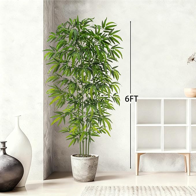 Artificial Tree Fake Plants, Artificial Bamboo Tree 6FT Tall in Black Potted, Artificial Tree Indoor Decor Bamboo Silk Tree with Natural Wood Trunk, for Home Office Living Room Modern