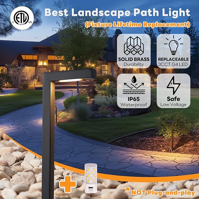 Brass Hardwired Landscape Path Lights, 2700K/3000K/4000K Adjustable 12V Low Voltage Pathway Light IP65 Waterproof, Outdoor Walkway Lighting, Bronze for Patio Lawn with G4 Bulb (6 Pack)