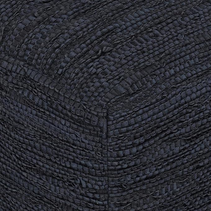 SIMPLIHOME Fredrik Square Pouf - 18 inch Wide Genuine Woven Leather Ottoman in Dark Blue, Boho-Style Footstool or Extra Seating for Living Room or Bedroom with Polystyrene Bead Filling, Assembled