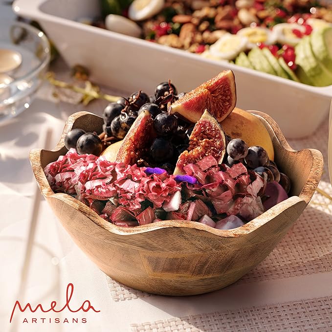 Mela Artisans Medium Scalloped Decorative Wooden Bowl | 10 Inch Mango Wood Fruit & Serving Bowl | Natural Grain Texture | Ideal for Kitchen Counter | Snacks | Desserts | Bread | Handcrafted Decor
