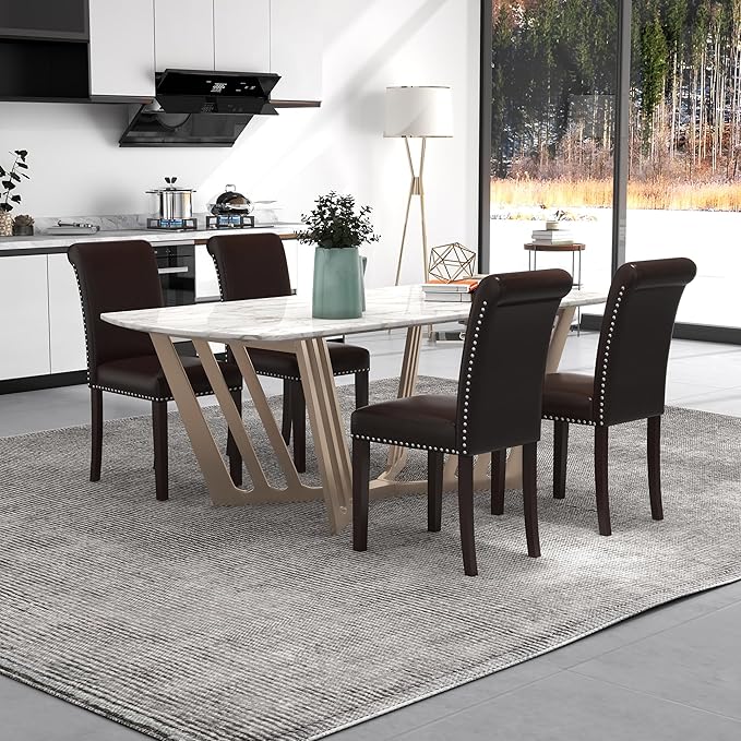 Westice Dining Room Chairs Set of 4 Upholstered PU Leather Kitchen Chairs Dining Room Side Chair with Nailhead Trim and Rubber Wood Legs for Small Space Apartment, Brown