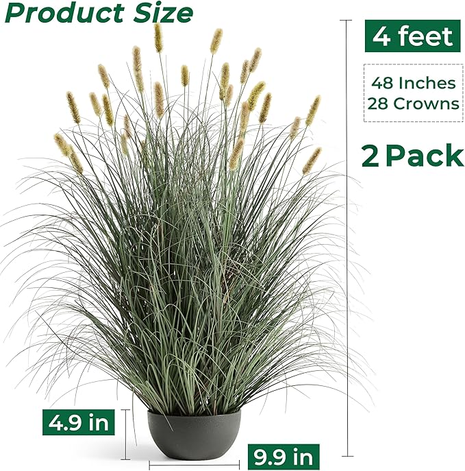 4ft Onion Grass Set of 2, Artificial Plant and Greenery, Fake Floor Plants Indoor Outdoor, Potted Faux Green Bristlegrass with Yellow Spikes, Large Size Horsetail Reed Grass, House Decorative