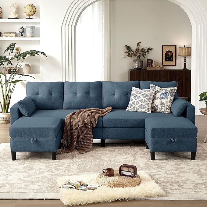 101" Convertible Sectional Sofa, Modern Linen Fabric U-Shaped Couch with 2 Storage Ottomans and Storage Pocket, 4 Seat Sofa Couches for Living Room, Apartment, Office, Blue