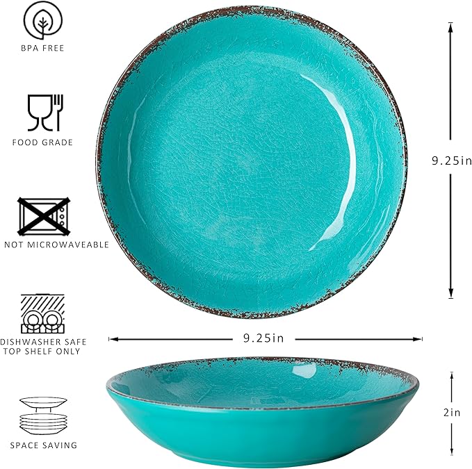 LEHAHA Melamine Pasta Bowl, 9.25 inch Large Wide and Shallow Bowls Set of 6, 42 OZ Unbreakable 100% Melamine Serving Bowls Set for Dinner, Noodle,Ramen,Salad, Fruit Bowl. Dishwasher Safe, Teal…