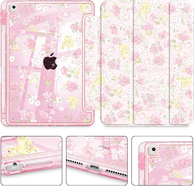 Mektron Sparkly Case for iPad 10.2 inch Glitter Tablet Cases for iPad 9th Gen 2021/8th Gen 2020/7th Gen 2019 Cover with Shiny Clear Back Shell Foldable Bling Smart Cover Blue Floral