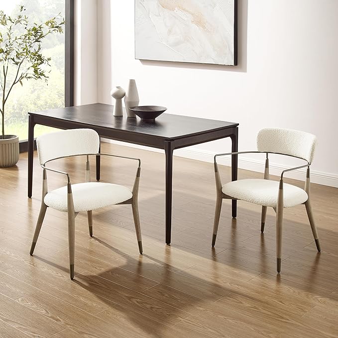Art Leon Wishbone Dining Chairs - Mid Century Modern Dining Room Chairs, Boucle Fabric Upholstered Accent Chairs with Wood Legs, Arm Chair with Open Backrest, Set of 4, White