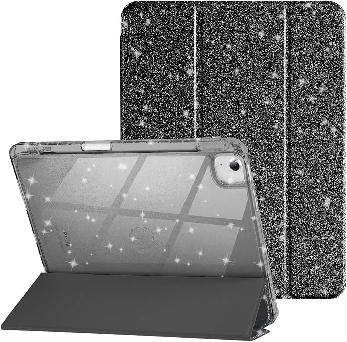 Case for iPad Air 13 Inch (M4/M3/M2 2026/2025/2024) &amp iPad Pro 12.9 6/5th Gen (2022/2021) Glittering Sparkly Cover with Shiny Clear Back Shell Trifold Stand Case with Pencil Holder Black