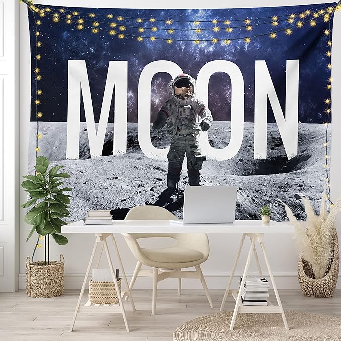 Ambesonne Outer Space Tapestry, Miniature Toy Astronaut on The Foreground of Giant Moon Big Bang Mars Print, Fabric Wall Hanging Decor for Bedroom Living Room Dorm, 45" X 30", Grey Blue