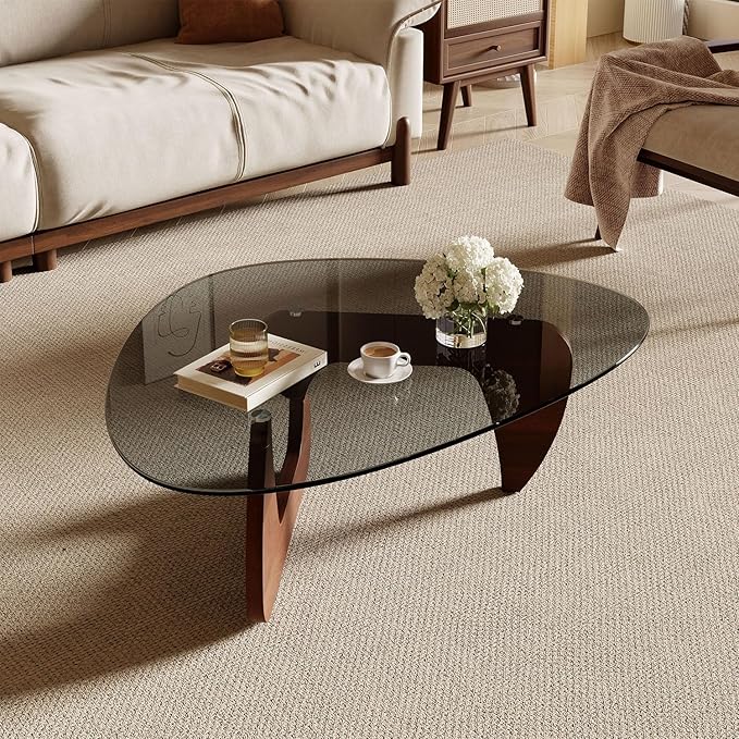 Modern Coffee Table for Living Room and Small Spaces, 43.3" x 29.5" x 15.8" Triangle Tempered Glass Table Top and Eco-Friendly MDF Base, Walnut