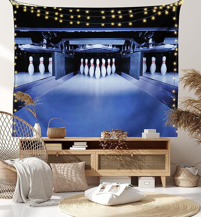 Ambesonne Bowling Party Tapestry Queen Size, Symmetrical Bowling Pins on an Empty Alley Hobby Fun Challenge Theme, Wall Hanging Bedspread Bed Cover Wall Decor, 88" X 88", Blue White Red