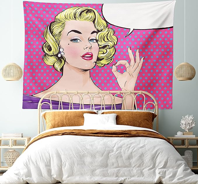 Ambesonne Vintage Tapestry King Size, Pop Art Blonde Woman Making OK Sign on Dotted Background Retro Comic Book Design, Wall Hanging Bedspread Bed Cover Wall Decor, 104" X 88", Pink Blue