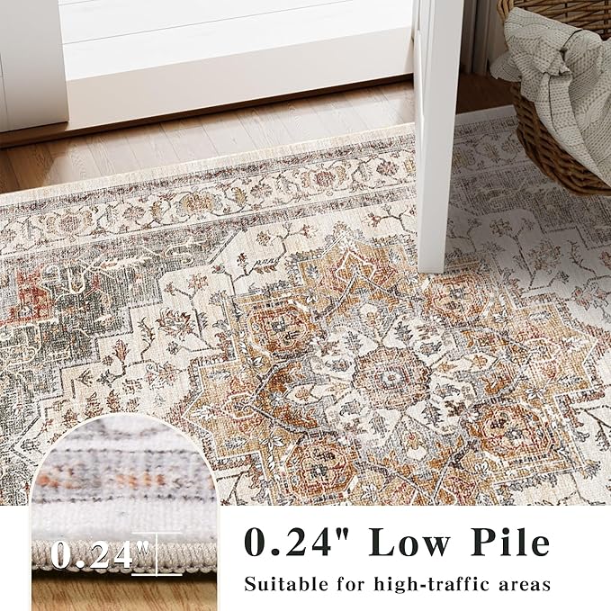 6x9 Area Rugs for Living Room Ultra-Soft Washable Rug Vintage Distressed Boho Area Rug, Non-Slip Retro Print Low Pile Stain Resistant Carpet for Bedroom Dining Room Kitchen Office