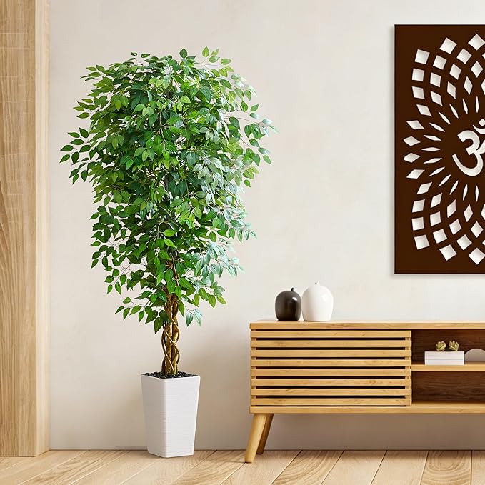 Artificial Ficus Tree 6FT Faux Floor Tree with Planter UV Resistant Potted Fake Silk Plant - Indoor Outdoor Lifelike Fake Ficus Tree for Home, Living Room Bedroom Topiary Tree