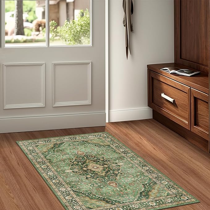 Green Area Rug Entryway Rugs for Bedroom Bathroom Kitchen - 2x3 Small Soft Rugs Low Pile Keep Off Rug Carpet Washable Rug Oriental Indoor Boho Area Rug Cute 2x3ft