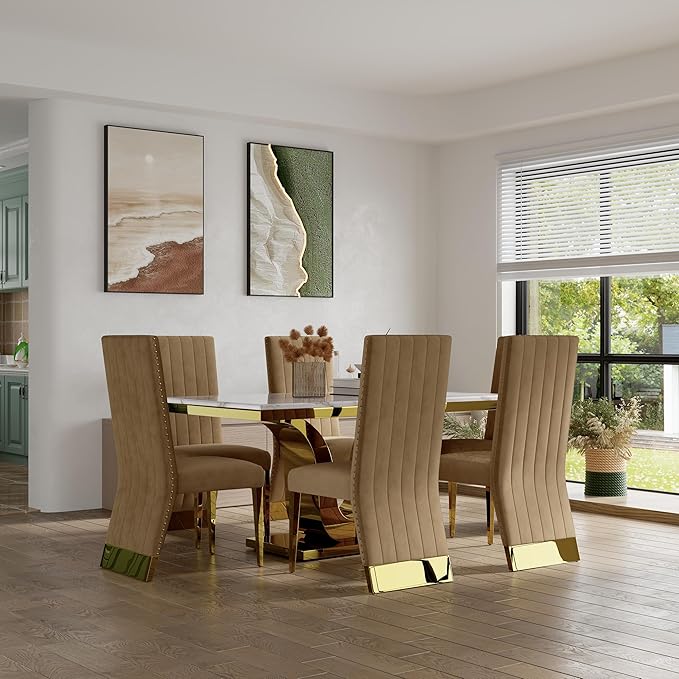 AUZ Dining Chairs with Nail Head Trim, Modern Velvet Upholstered Dining Room Chairs in Lovely Color with Polished Gold Stainless Steel Legs, Set of 8
