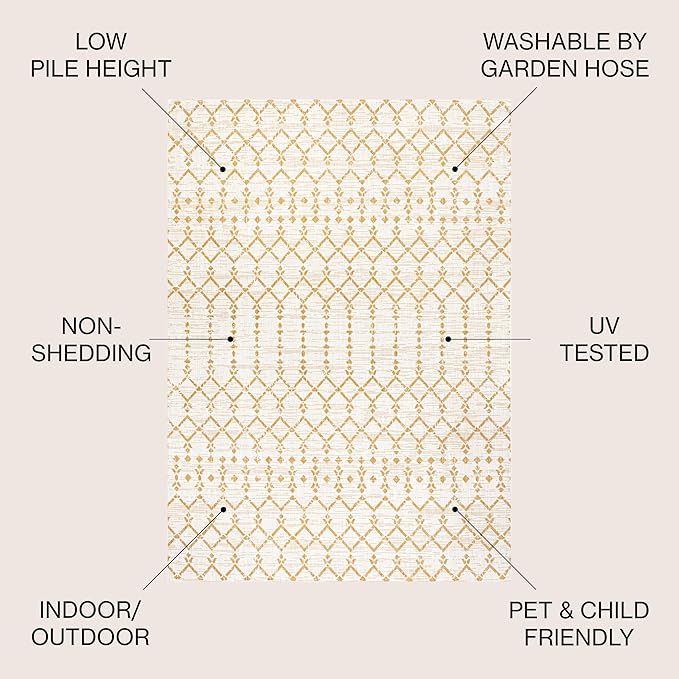 JONATHAN Y SMB108J-5R Ourika Moroccan Geometric Textured Weave Indoor Outdoor Area Rug, Coastal, Bohemian, Modern Easy-Cleaning,Bedroom,Kitchen,Backyard,Patio,Non Shedding, Cream/Yellow, 5' Round