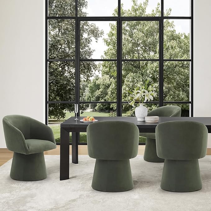 Swivel Dining Chairs Set of 4, Upholstered Mid Century Modern Deskchair with Barrel Back, Linen Fabric Kitchen Chairs for Dining Room, Bedroom, Dressing Room, Green
