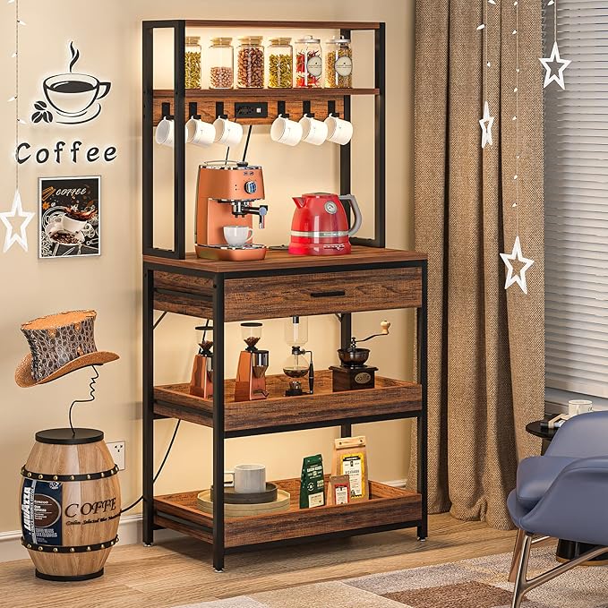 LITTLE TREE Kitchen Baker’s Rack with Power Outlets, Freestanding 5-Tier Microwave Stand with Drawers & Sliding Shelves, Coffee Bar with 6 Hooks for Dining Room Living Room, Rustic Brown