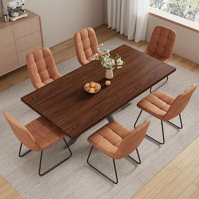 ZckyCine Expandable Dining Table Set for 6-8 People, Modern Rectangular Kitchen Table, 63"-79" Extendable, Walnut Finish, Metal Frame, 6 PU Leather Cushioned Chairs, Easy Assembly