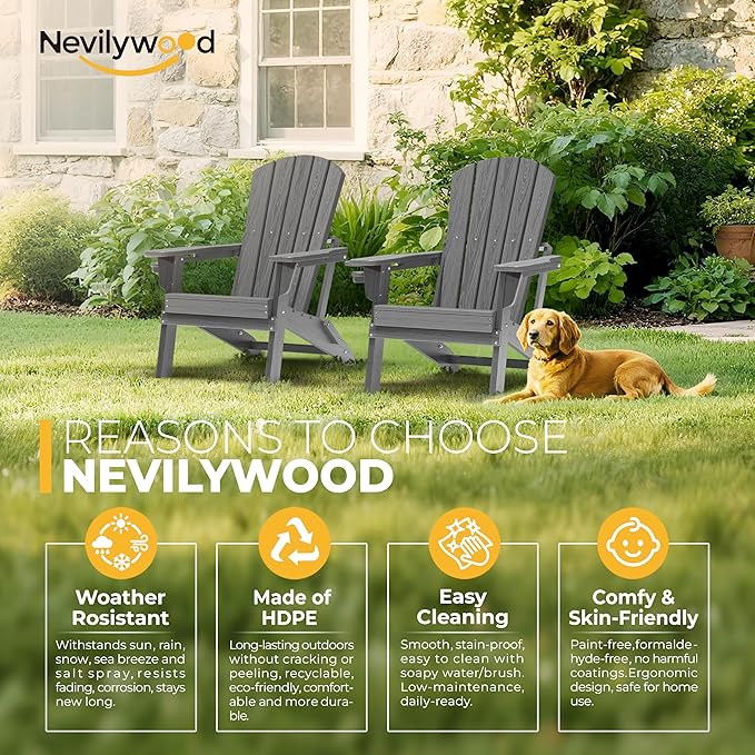 nevilywood Folding Adirondack Chair with Cup Holder Set of 4, HDPE Patio Chairs,All-Weather Outdoor Chairs for Backyard, Deck,Fire Pit-Grey
