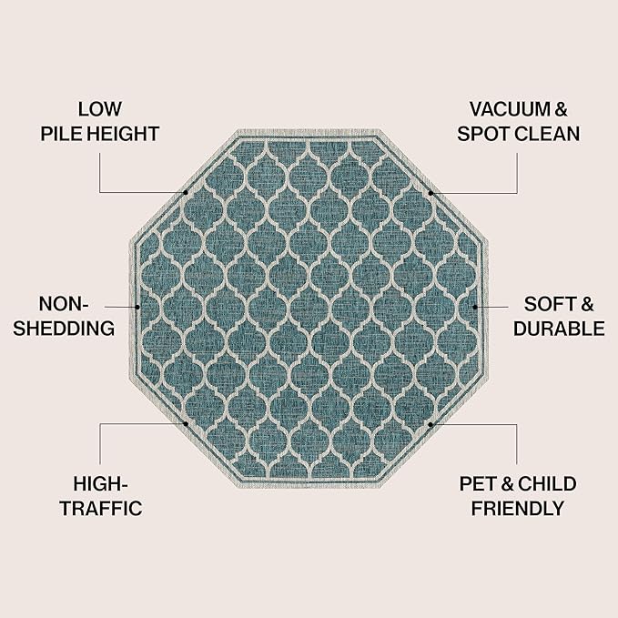 Eyely BMS109E-8TGN Trebol Moroccan Trellis Textured Weave Teal/Gray 8' Octagon Indoor/Outdoor Area Rug, Teal/Gray, 8' Octagon, Indoor/Outdoor, Area Rug