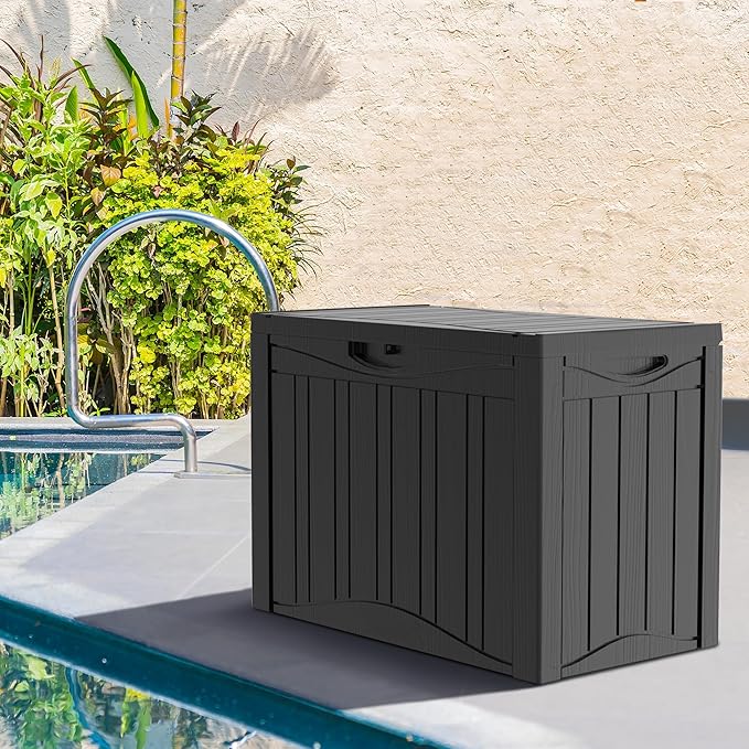 45 Gallon Outdoor Storage Box Waterproof Lockable Resin Deck Box Large, Patio Storage Bin for Pool Accessories Cushion Furniture, Garden Tools, UV-Resistant Outside Delivery Black