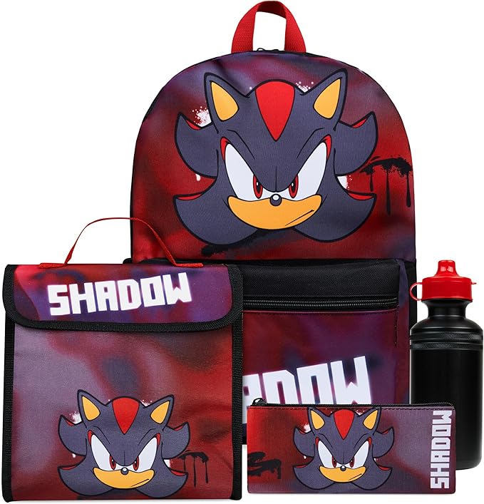 Sonic The Hedgehog Backpack Set 4 Pcs with Insulated Lunch Bag Water Bottle Pencil Case Shadow School Supplies Gift for Kids (Shadow 4 Pcs Set)
