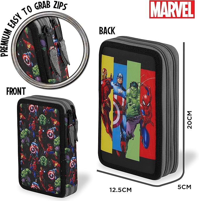Marvel Boy's Pencil Case, Pencil Case with Compartments Filled School Supplies, Felt, Coloured Pencil, Spiderman Avengers Back to School Gift