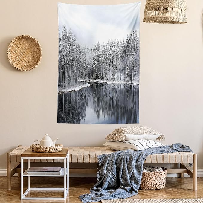 Ambesonne Woodland Tapestry, Lake Surrounded by Snow Covered Trees on a Cold Winter Day in Finland Reflections, Fabric Wall Hanging Decor for Bedroom Living Room Dorm, 23" X 28", White Brown