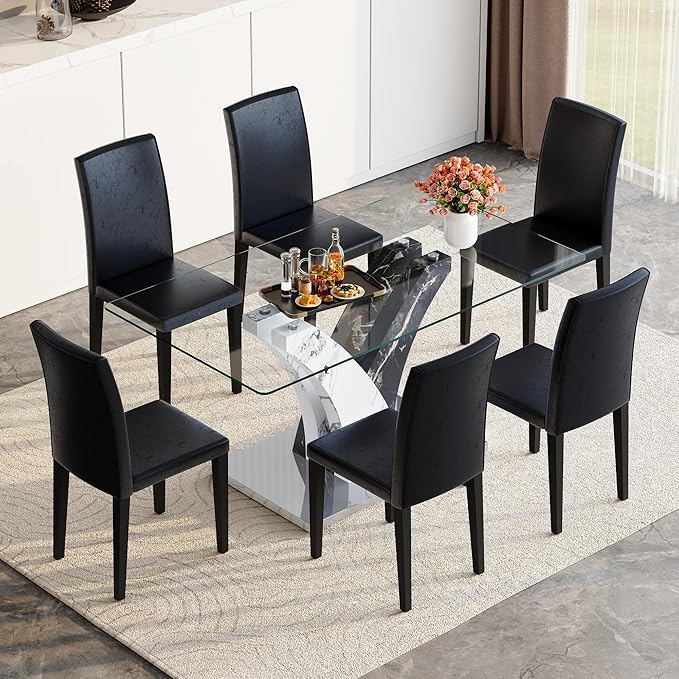 Glass Dining Table Set for 6, 63” Kitchen Table Set for 6, Modern Dining Room Table Set with Upholstered Chairs, Tempered Glass Tabletop with Y Shape Base