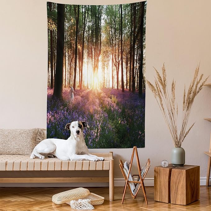 Ambesonne Forest Tapestry, Bluebell Woods Sunrise with White Rabbit Sunny Spring Day in Woodland, Fabric Wall Hanging Decor for Bedroom Living Room Dorm, 23" X 28", Purple Green