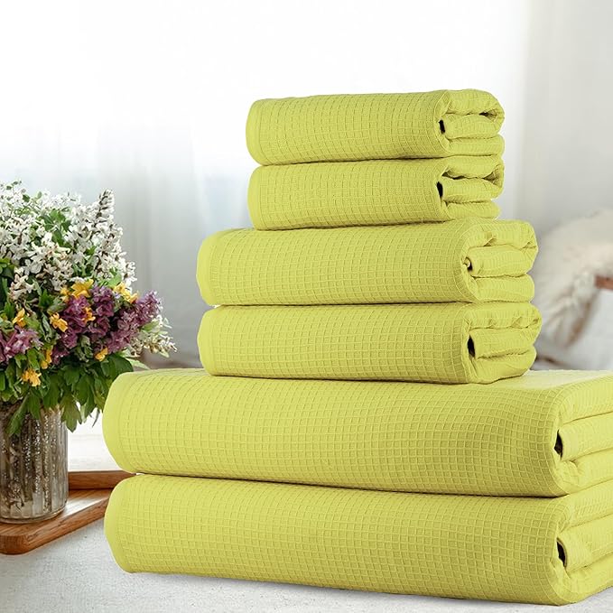 CASA COPENHAGEN Waffle Towel, 6Pieces 100% Cotton Large Towel Set- Lime Green, 2Bath 2Hand 2Washcloths Instant Absorb and Dry, Soft Strong Towels for Hotel Spa Kitchen Bathroom & Shower