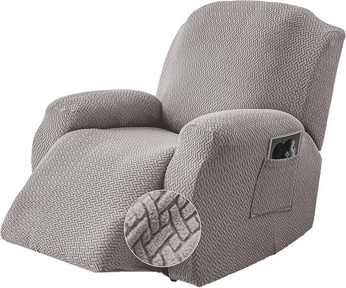 Genina Recliner Chair Covers, Stretch Reclining Chair Cover, Recliner Sofa Slipcovers Stripe Jacquard Lazy Couch Covers Furniture Protector Covers for Pet Kid (Light Grey, 1 Seat)