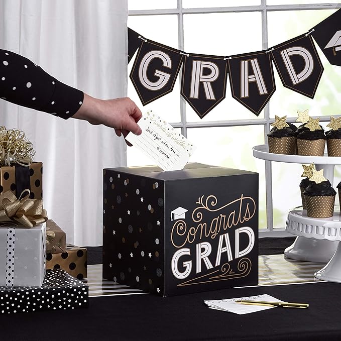 Hallmark 5GEY2000 Graduation Party Kit, Black and Gold (Banner, Table Runner, Card Box, 25 Advice Cards) Graduation Kit, One