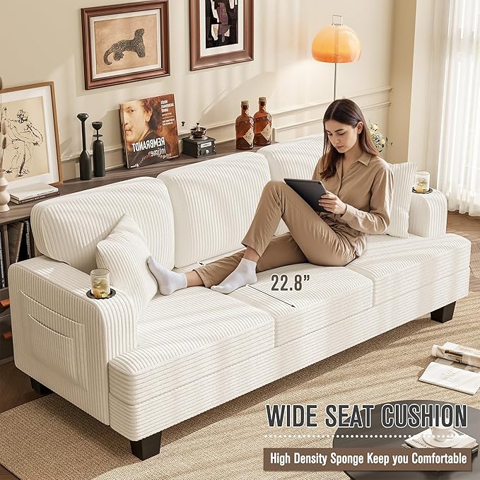 Homall Couch for Living Room, 83" Couches with Soft Deep Seats, Modern Sofa 3 Seater in Corduroy for Apartment, Bedroom (Cream)