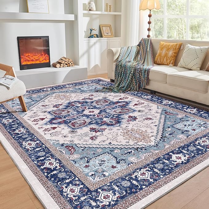 OPPODREAM Thin Area Rugs 5x7, 5x7 Washable Rug with Non Slip Backing, 5 x 7 Faux Cashmere Low-Pile Carpet, Navy Blue & Red & Cream