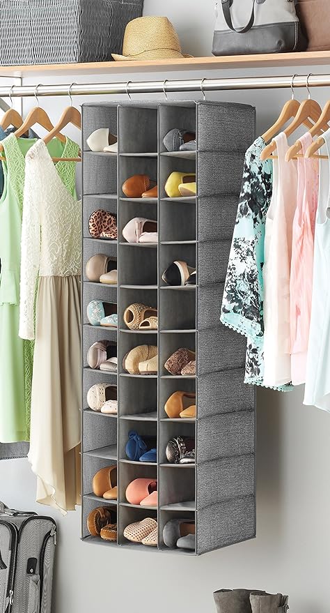 Whitmor 30 Sections Hanging Clothes Closet Organizer, Space Saving Breathable Fabric Shoe Storage for Bedroom, Laundry, Dorm, Crosshatch Gray