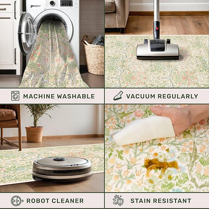 Light Green Bedroom Rug 5x7 Area Rug for Living Room, Vintage Washable Floral Floor Mat for Nursery, Dining Room Low Pile Non Slip Stain Resistance Distressed Retro Indoor (5x7 Beige Green)