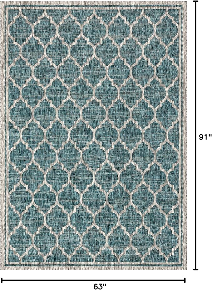 Eyely BMS109E-5 Santa Monica Trebol Moroccan Trellis Textured Weave Indoor/Outdoor Area Rug Coastal;Bohemian, Bedroom, Backyard, Patio, Easy-Cleaning, Non-Shedding, 5 X 8, Teal/Gray