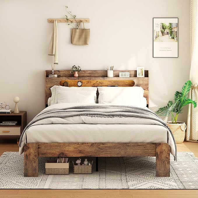 Full Size Wooden Bed Frame, Storage Headboard with Charging Station & Led Lights, Rustic Farmhouse Sturdy Framework Wood Bedframe, Easy Assembly (Brown Led)