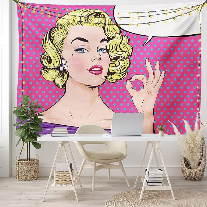 Ambesonne Vintage Tapestry King Size, Pop Art Blonde Woman Making OK Sign on Dotted Background Retro Comic Book Design, Wall Hanging Bedspread Bed Cover Wall Decor, 104" X 88", Pink Blue