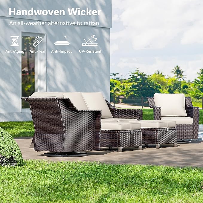 4 Pieces Wicker Patio Furniture, Luxury Outdoor Furniture with 2 Patio Swivel Chai and 2 Patio Ottoman, Wide Armrest, Thickened Cushions, Ideal for Deck, Porch Use