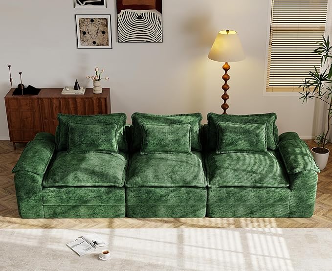 Hobestluk 120" Cloud Sectional Couch 3-Seater Sofa with Deep Seat Modular Sofa with Removable Cover Large Sofa Couch for Living Room (Green, 3-Seater Sofa)