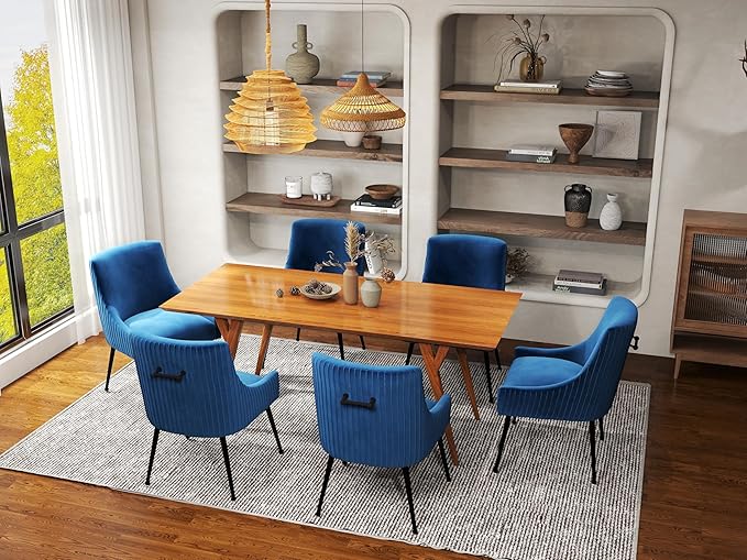 Velvet Dining Chairs Set of 2,Blue Upholstered Living Room Chairs with Black Metal Legs, Modern Tufted Accent Chairs for Living Room, Study Room, Kitchen