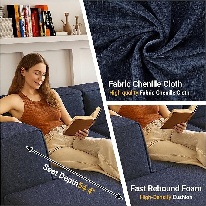 76" Sectional Compressed Sofa Modular Couches,High-Density Foam No Assembly Required, 2-Piece(1x Corner 1x Ottoman) for Living Room, Chenille Blue